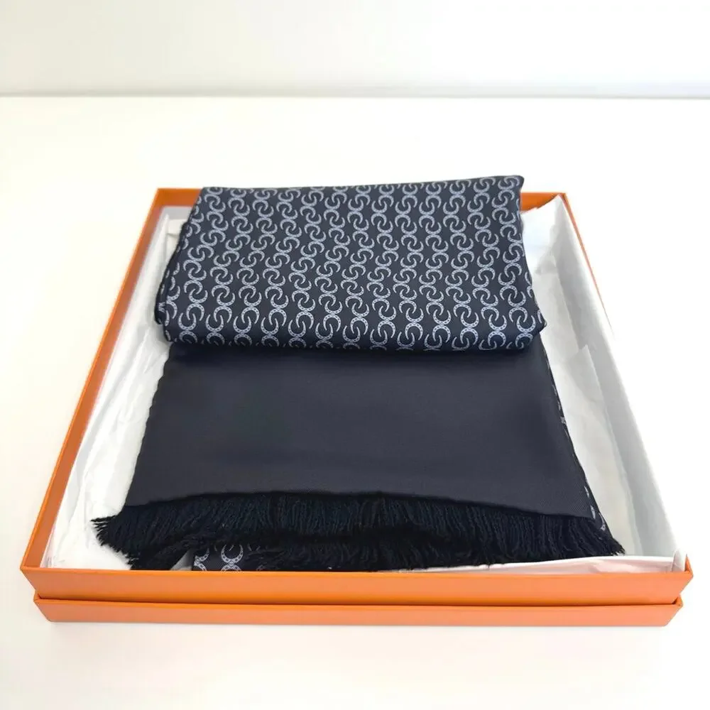 HERMES Black Angora and Silk Scarf with Fringe Hem NEW Chain Pattern Rectangle